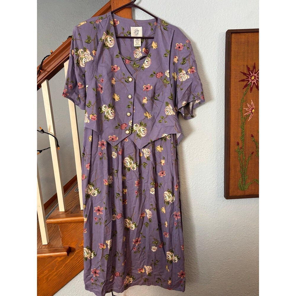 VTG 90s Purple Floral Rayon Pleated Maxi Dress 22 Pearl Buttons Cottagecore